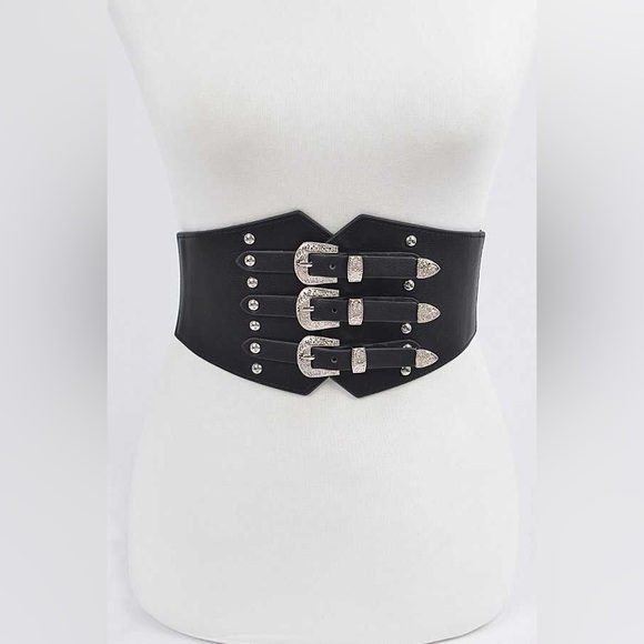 Western Triple Buckle Elastic Corset Statement Belt - Picture 3 of 8